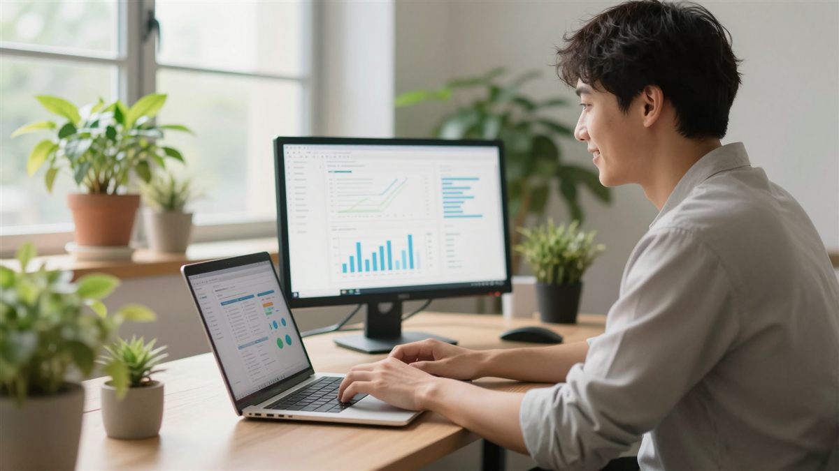 A young professional working calmly at a laptop beside data dashboards in a bright, plant-filled office, an example of AI-augmented work.