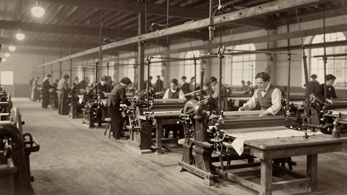 A vintage photograph of a 19th-century textile mill interior, rows of mechanical looms tended by workers during the Industrial Revolution.